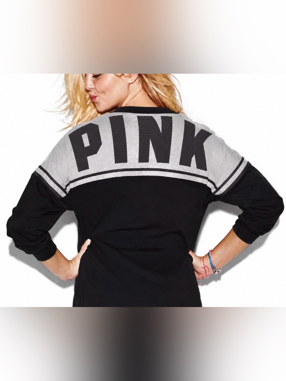 Victoria’s Secret PINK Black Long Sleeve Crewneck Top Logo Detail Lounge Size XS